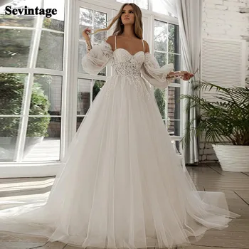 A-line Plaj düğün elbisesi Uzun Puf Kollu Dantel gelin kıyafeti Tüyler Custom Made Prenses Düğün Törenlerinde Boho Artı Boyutu