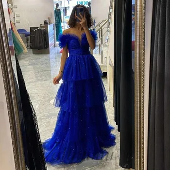 Kraliyet Mavi Sparkly Abiye 2022 Kapalı Omuz Katmanlı Elbise Uzun Parti Özel Durum Sipariş Üzerine Yapılan Abendkleider