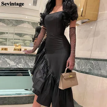 Sevintage Siyah Bodycon Asimetrik balo kıyafetleri Spagetti Kayışı Tef Midi Abiye giyim Suudi Arapça Kadın Resmi Elbise