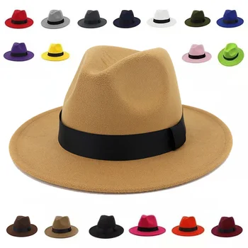 Nefes Düz Renk Klasik Siyah Elastik Fedora Şapka Unisex Yün Keçe Caz Şapka Zarif Erkek Kadın Geniş Brim Panama Fötr Kap