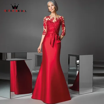 Kırmızı Saten Abiye Zarif Dantel Aplikler anne Gelin Elbiseler Kemer Yay Illusion Geri düğün elbisesi TY01