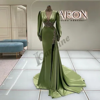 Caroline Avokado Yeşil Modern Akşam Elbise Yüksek Boyun Arapça Mermaid Yan Yarık Dantel Aplikler Balo Abiye Parti Custom Made