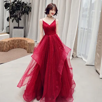 Ziyafet Şarap Kırmızı Akşam Elbise 2019 Yeni Moda Seksi Spagetti Kayışı V Yaka Balo Parti Elbise Backless Akşam Balo Elbisesi