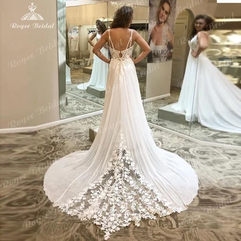 Spagetti Sapanlar düğün elbisesi Dantel Fildişi Ünlü Elbiseleri Backless gelin kıyafeti V Boyun gelinlik Boyutu Custom Made