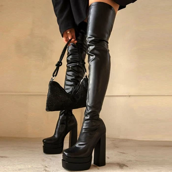 Marka Platformu Çizmeler Kadın Kadın Ayakkabı Uyluk Yüksek Çizmeler Kış 2022 Blok Yüksek Topuklu Pu Deri Elastik Diz Çizmeler Üzerinde