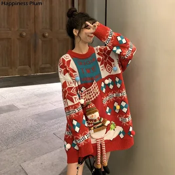 Kız Noel Uzun Kazak Harajuku Gevşek Kalın Artı Kadife Kız Arkadaşı Kıyafet Yeni Yıl Kazak Moda Bayan Giyim