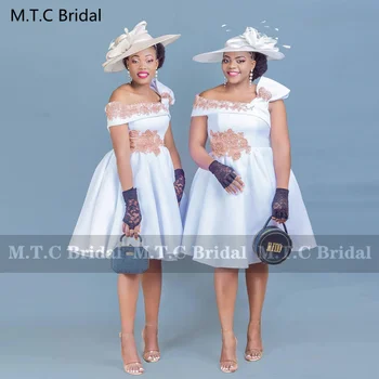 Toptan Kısa Gelinlik Modelleri Beyaz Bir Çizgi Diz Boyu Hizmetçi Onur Törenlerinde Aplikler İle Ucuz Düğün Parti Elbise