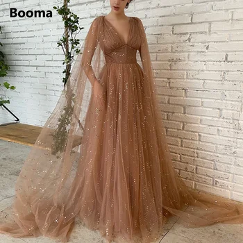 Booma Glitter Kahverengi Payetli Tül Maxi balo kıyafetleri V Yaka Uzun Pelerin Kollu A-Line Akşam Partisi Törenlerinde Cepler ile