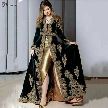 Fas Dubai Müslüman Akşam Elbise Uzun Kollu Kadife 3 Adet Overskirt Cezayir Kıyafet Bölünmüş Aplike Dantel Balo Örgün Törenlerinde