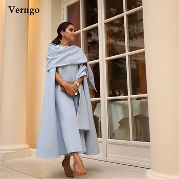 Verngo Mütevazı Suudi Arapça Kadınlar Abiye Açık Mavi Saten Zarif Balo elbisesi Ayak Bileği Uzunluğu Uzun Pelerin Konfeksiyon Resmi Elbise