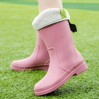 Yeni Kadın yağmur çizmeleri Su Geçirmez kaymaz Su Botları Orta Yüksek Yumuşak Tüp Sıcak Kadın Ayakkabı Moda Yumuşak Alt yağmur çizmeleri İş