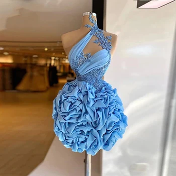 Mavi Kısa Balo Parti Elbiseler balo elbisesi Rufflea Saten Bir Omuz Mini Uzunluk Kadınlar Pageant Akşam Elbise Mezuniyet Elbiseleri