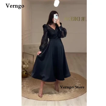 Verngo Glitter Puf Uzun Kollu Siyah balo kıyafetleri Çay Boyu Saten V Boyun Arapça Kadınlar Örgün Parti Törenlerinde Akşam Elbise