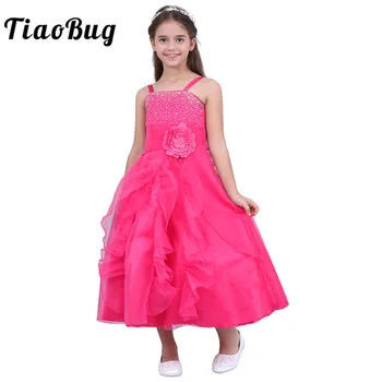 TiaoBug Çocuk Kız Kolsuz Balo elbisesi Çiçek Kız Elbise Prenses Düğün Communion Mezuniyet Parti Elbise Ilmek ıle 2-14Y