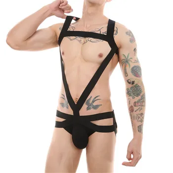 Erkekler Yenilik İç Çamaşırı Omuz Elastik Kayış İç Çamaşırı Seksi Askı Jockstrap Tanga Bodysuit Tek Parça Erotik Backless Kostüm