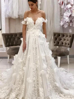 Çiçekler Dantel Kapalı Omuz Gelinlik Gelin için 2021 Bir Çizgi Düğün Gelin Elbise robe de soirée de mariage
