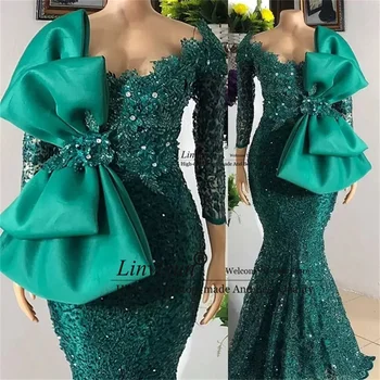 Avcı Yeşili Boncuklu Afrika balo kıyafetleri Yay Dantel Arapça Resmi Uzun Akşam Partisi Törenlerinde 2022 Mermaid robe de soirée