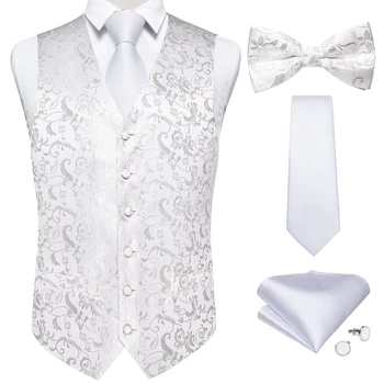 DiBanGu Klasik Beyaz Takım Elbise Yelek Kravat Seti Erkekler Damat Homme Düğün Ziyafet Parti Resmi Iş Yelek Kravat Papyon Seti
