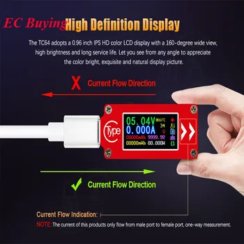 TC64 Tip-C Renkli LCD USB Voltmetre Ampermetre Gerilim Akım Metre Olabilmesi PD Pil Hızlı Şarj Güç Bankası USB Tester