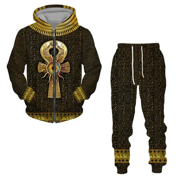 3D erkek Ceket Mısır Baskı fermuarlı kapüşonlu kıyafet pantolon seti erkek Eşofman Kış ve Sonbahar Spor Giyim Erkek Giyim Takım Elbise