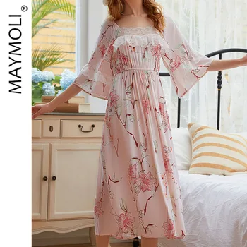 MAYMOLI Lüks gece elbisesi Kadın Iç Çamaşırı Baskı Dantel Pijama Mizaç kadın Nightie Rahat Pijama Ev Giyim