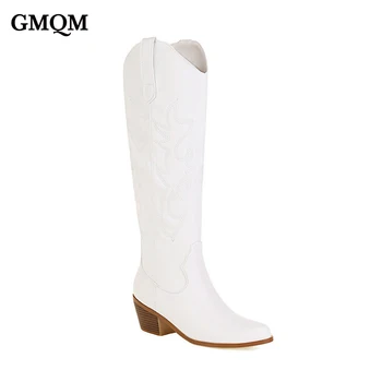 GMQM Moda Kadın Ayakkabı Diz Yüksek Çizmeler Bağbozumu Serin Cowgirls Kovboy Batı Çizmeler Süet Deri PU Tıknaz Topuklu Sivri Burun