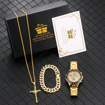 Lüks Altın saat hediye Seti Erkekler Otomatik Mekanik Paslanmaz Çelik İzle Erkekler Altın Bilezik Kolye için En İyi Hediye Baba Koca