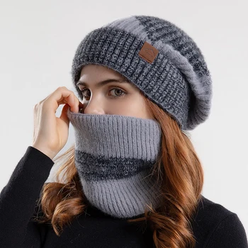 Kış Şapka Eşarp Setleri Kadınlar için 2022 Bicolor Örgü Kasketleri Kadınlar Kalın Peluş Snood Eşarp Bonnet Kış Kap Snood Setleri