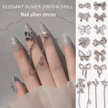 Gümüş Parlak Zirkon 3D Nail Art Süslemeleri Charm Elmas Kristal Alaşım Kolye Zincir Takı Manikür Tasarım Aksesuarları 2 adet