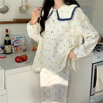 Sonbahar Kış Tatlı Yumuşak Pamuk Baskılı Pijama Cilt Dostu Rahat Rahat Bebek Yaka Uzun kollu Gecelik Takım Elbise D589