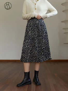 DUSHU kadın Fransız Çiçek Örtüsü Yüksek Bel Etek Kadın Retro İnce Siyah Kayısı Çiçek Uzun Elastik Bel Tasarım A-line Etekler