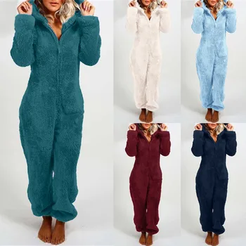 Kış Sıcak Pijama Kadın Onesies Kabarık Polar Tulum Pijama Genel Hood Setleri Genel Artı Boyutu Hood Yetişkin İsıtıcı Overcot