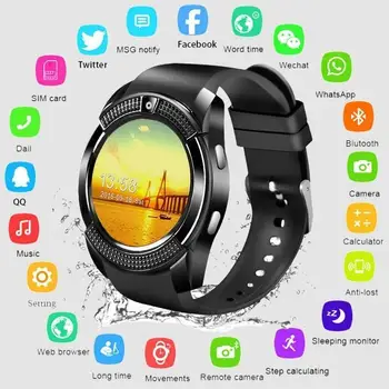 V8 akıllı saat Erkekler Bluetooth Spor Saatler Kadınlar Bayanlar için Kamera Sım Kart Yuvası ile Smartwatch Android Bilgi hatırlatma