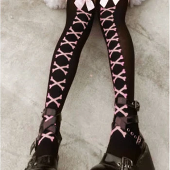 Yeni Sıcak Kız Kemik Yay Çorap Streetwear Kızlar Siyah Tatlı Sevimli Pembe Y2K Harajuku Lolita file çoraplar Uyluk Yüksek Çorap