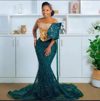 Lüks Yeşil Mermaid Abiye 2022 Sheer Boyun Boncuk Sequins Afrika Gelinlikler Elbiseler De Soirée Zarif Özel