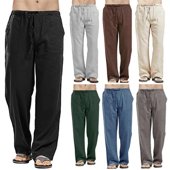 YENİ Pamuk Keten Pantolon Erkek Yaz Düz Geniş Bacak Nefes Düz Renk Pantolon Rahat Gevşek İnce Linho Erkek Giyim