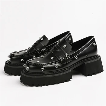 Kristal Dekor Kadın Pompaları Siyah Topuklu Kalın Taban platform ayakkabılar Slip-on Loafer'lar Deri Elbise Ayakkabı Sürüngen Rahat Espadrilles