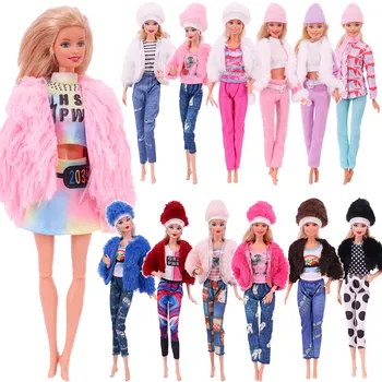 Barbie oyuncak bebek giysileri Peluş Ceket + Moda Takım Elbise Etek + Peluş Şapka İçin Uygun 11.8 inç Bebek rahat giyim noel hediyesi
