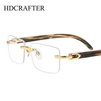 HDCRAFTER Çerçevesiz Gözlük Doğal Boynuzları Tapınak Çerçevesiz Gözlük Çerçeveleri Erkekler Kadınlar için Reçete Miyopi Optik Marka Tasarımcısı
