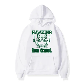 Hawkins Lise Yeşil Logo baskılı kapüşonlu svetşört Stranger Şeyler 4 Beyaz Kapüşonlu Sweatshirt Eddie Munson Trend Hip Hop Kazak Tops