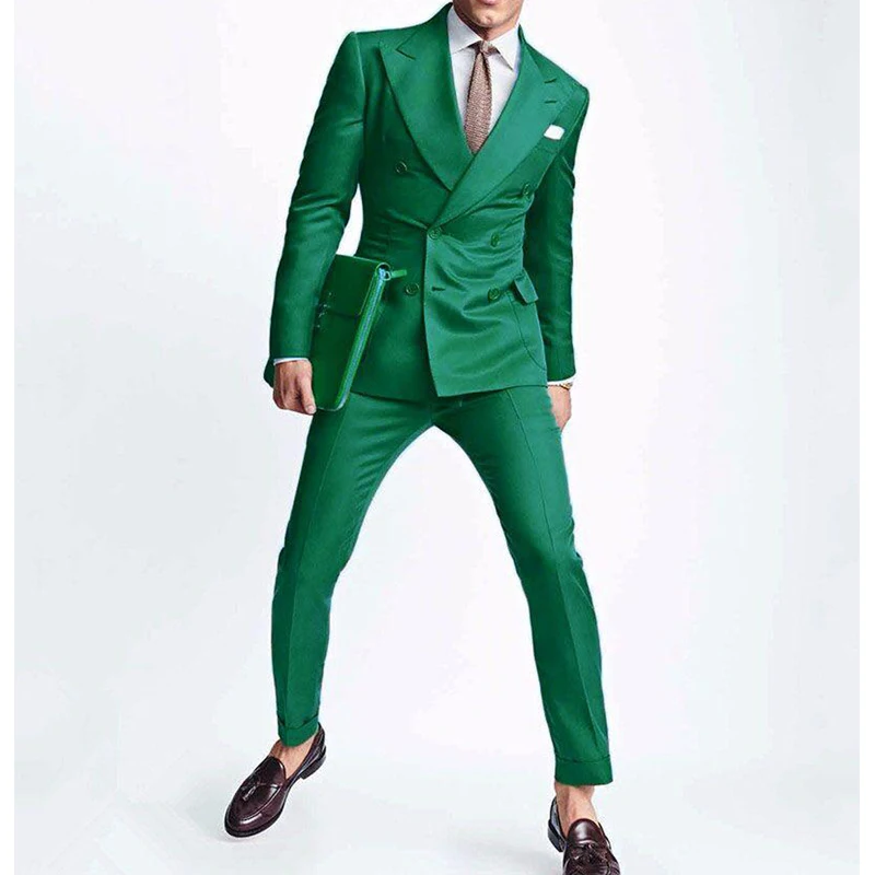 Kruvaze Yeşil Erkek Takım Elbise Düğün Balo Doruğa Yaka 2 Parça Özel Damat Smokin Slim fit Erkek Moda Giyim 2020