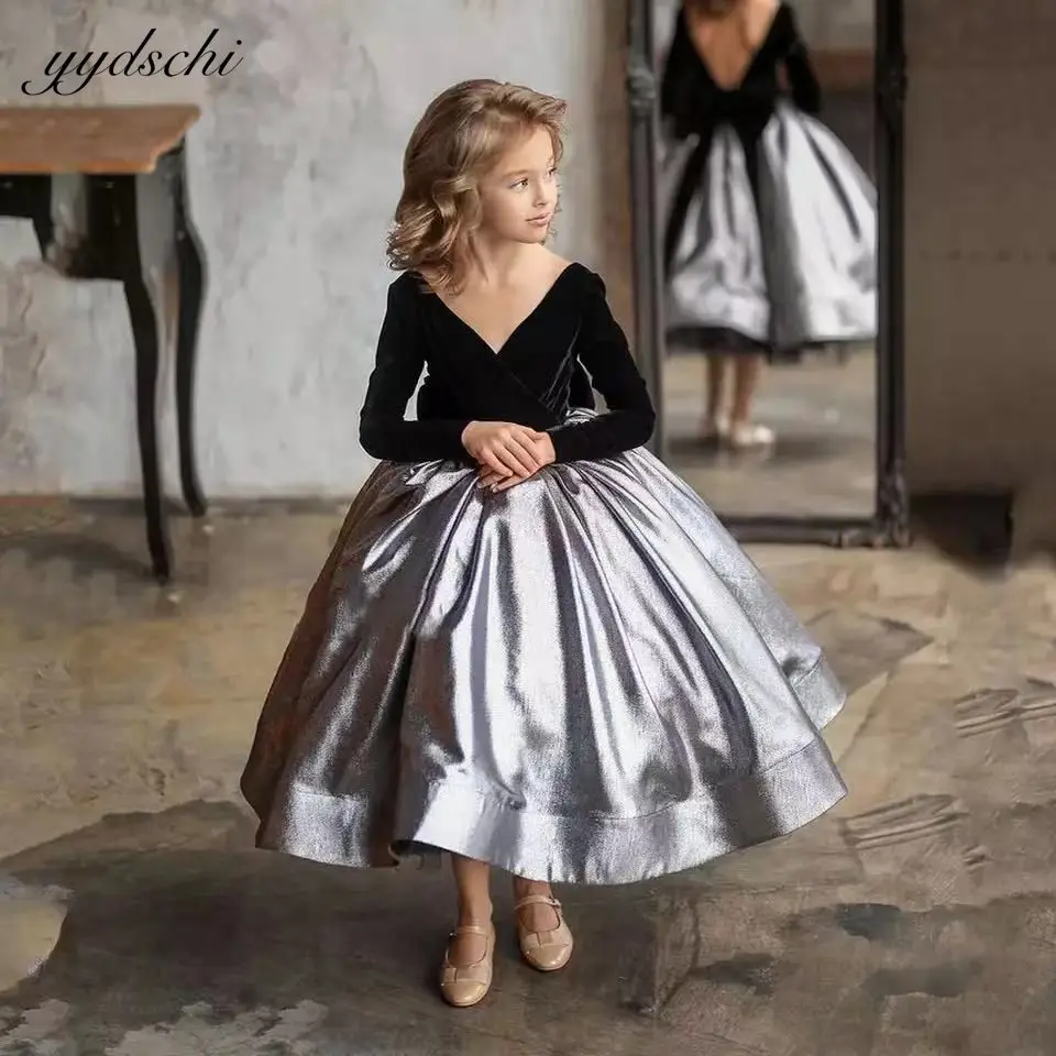 Çiçek Kız Düğün İçin Kadife doğum günü partisi elbiseleri Küçük Kızlar İlk Communion Elbise Uzun Kollu V Yaka Kabarık Elbiseler