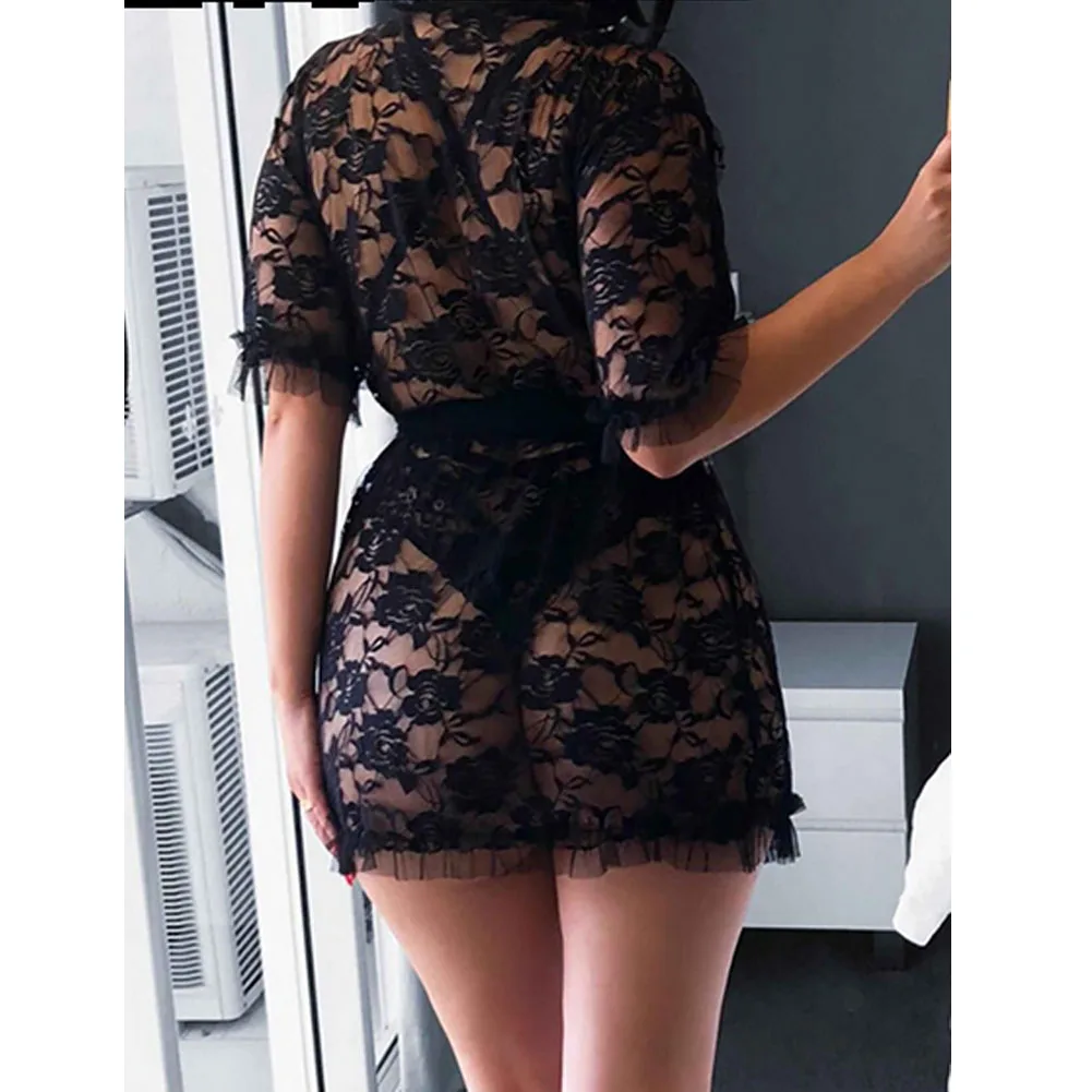 2021 Yeni Bayanlar Seksi Saf Renk Kirpik Dantel İç Çamaşırı Derin V Yaka Siyah Dantel See-Through Mesh Pijama Elbise Babydoll