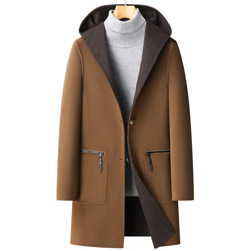Erkek Ceket kışlık palto Yün Trençkot Lüks Uzun Ceket Kapşonlu Casual Zarif Kalınlaşmak Giyim Yün Rüzgarlık