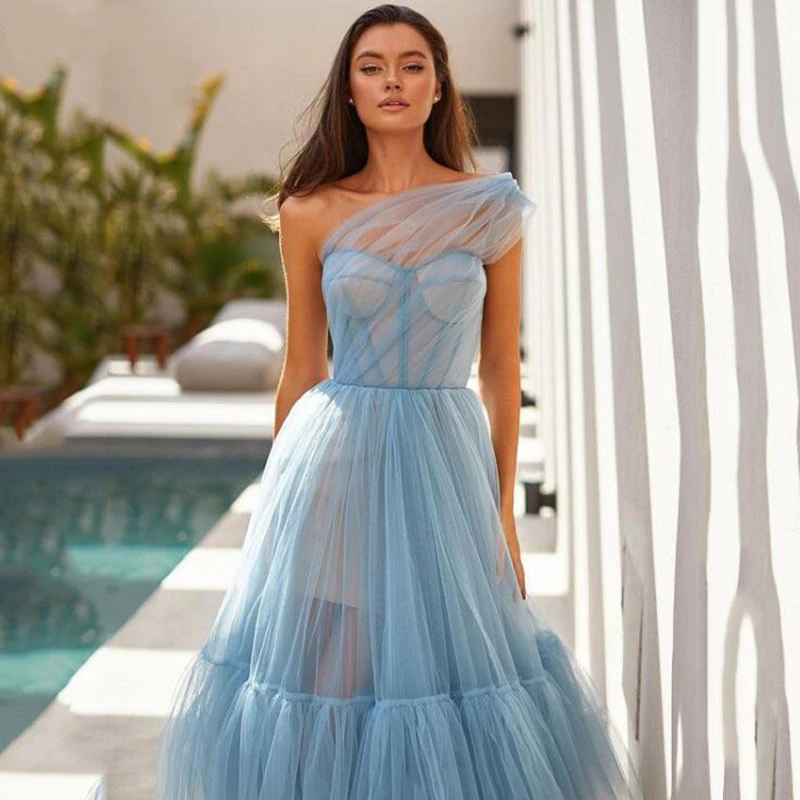 LSYX Tozlu Mavi Çay Boyu balo kıyafetleri 2022 Bir Omuz Plise Dantelli Zarif A-Line Kısa Parti gece elbisesi Tül Custom Made