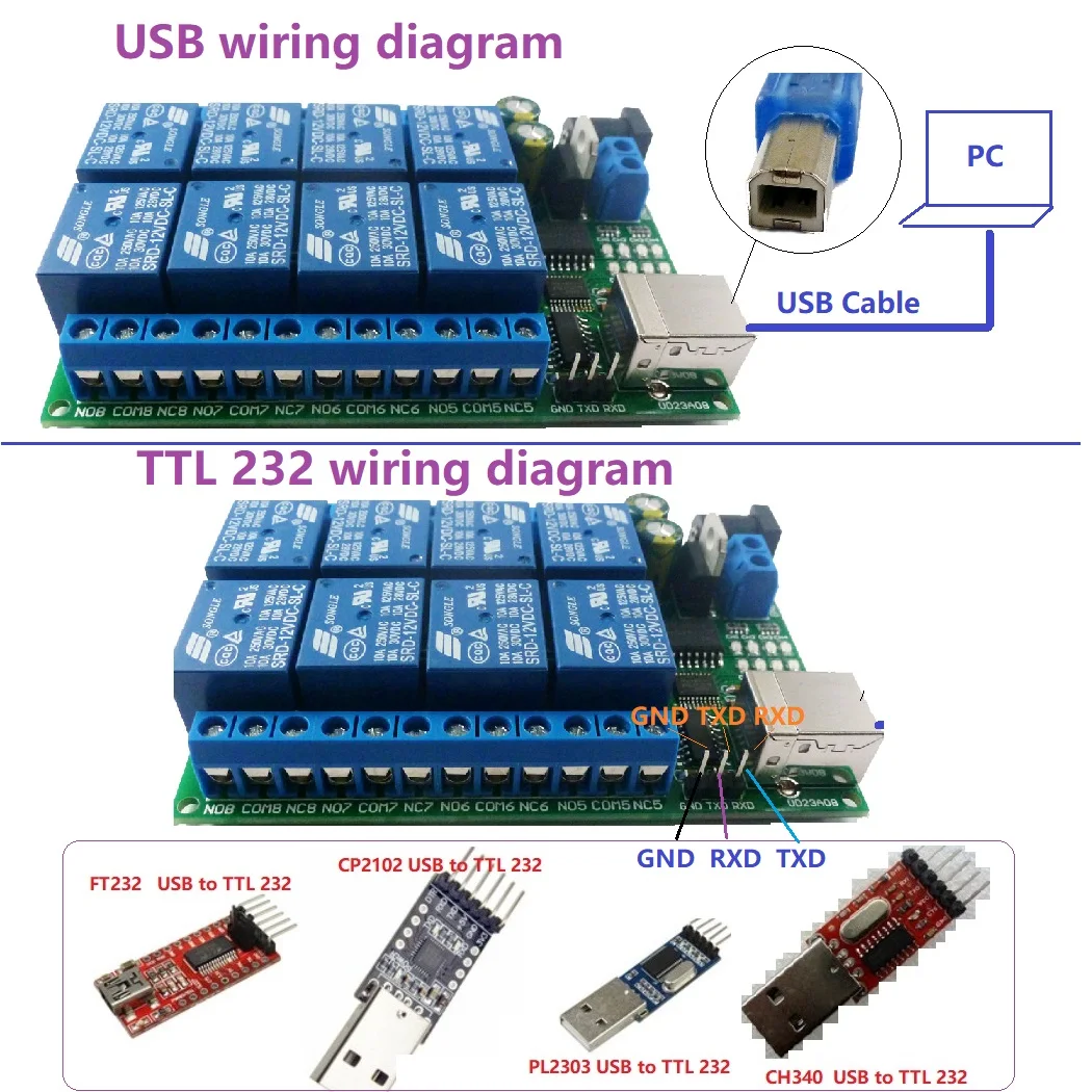 2 İn 1 DC 5V 12V 24V 8ch USB Seri Port Röle Modülü UART RS232 TTL anahtarlama paneli CH340 Windows Linux için MAX OS 5.0