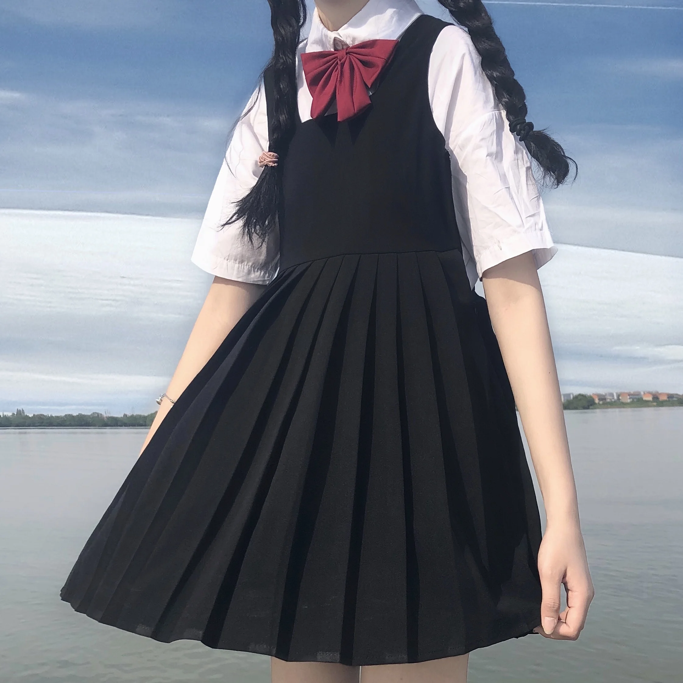 2023 japon tarzı jk okul üniforması kızlar için yüksek bel yelek elbise beyaz gömlek papyon tatlı okul günlük takım elbise iki parçalı takım elbise