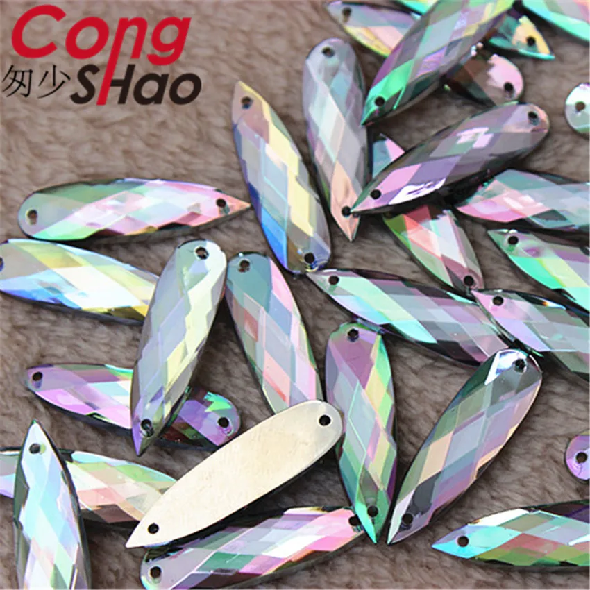 Cong Shao 100 adet 8 * 28mm Renkli Akrilik Rhinestone trim Kristaller taşlar flatback Uzun Damla dikiş 2 Delik kostüm Düğmesi CS112
