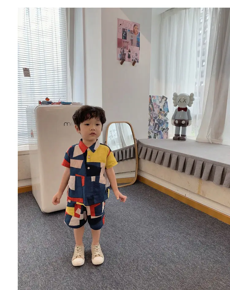 Erkek Pamuk Keten Yaz Yakışıklı Tatil Ekose Kıyafetler Setleri Erkek Bebek Spor 2 adet Moda Kısa Kollu Gömlek + Şort Rahat