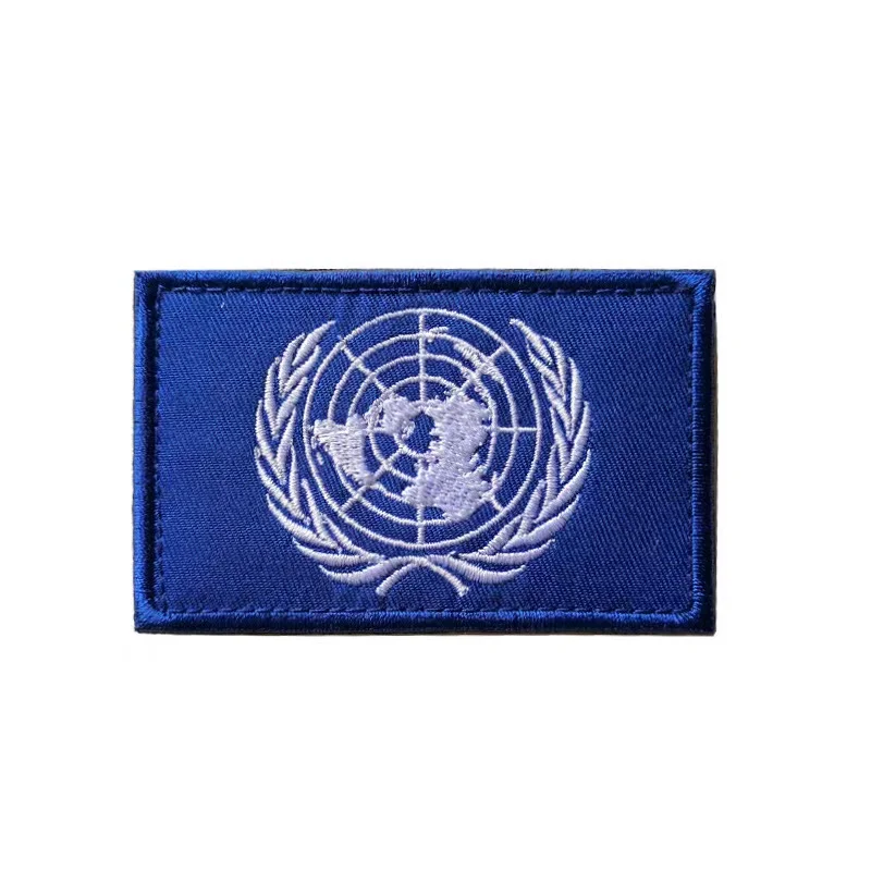 İşlemeli Logo Askeri Aksesuarlar Birleşmiş Milletler Logo Etiketi Çok Ülkeli Bölüm Bayrağı Logosu BM Logosu